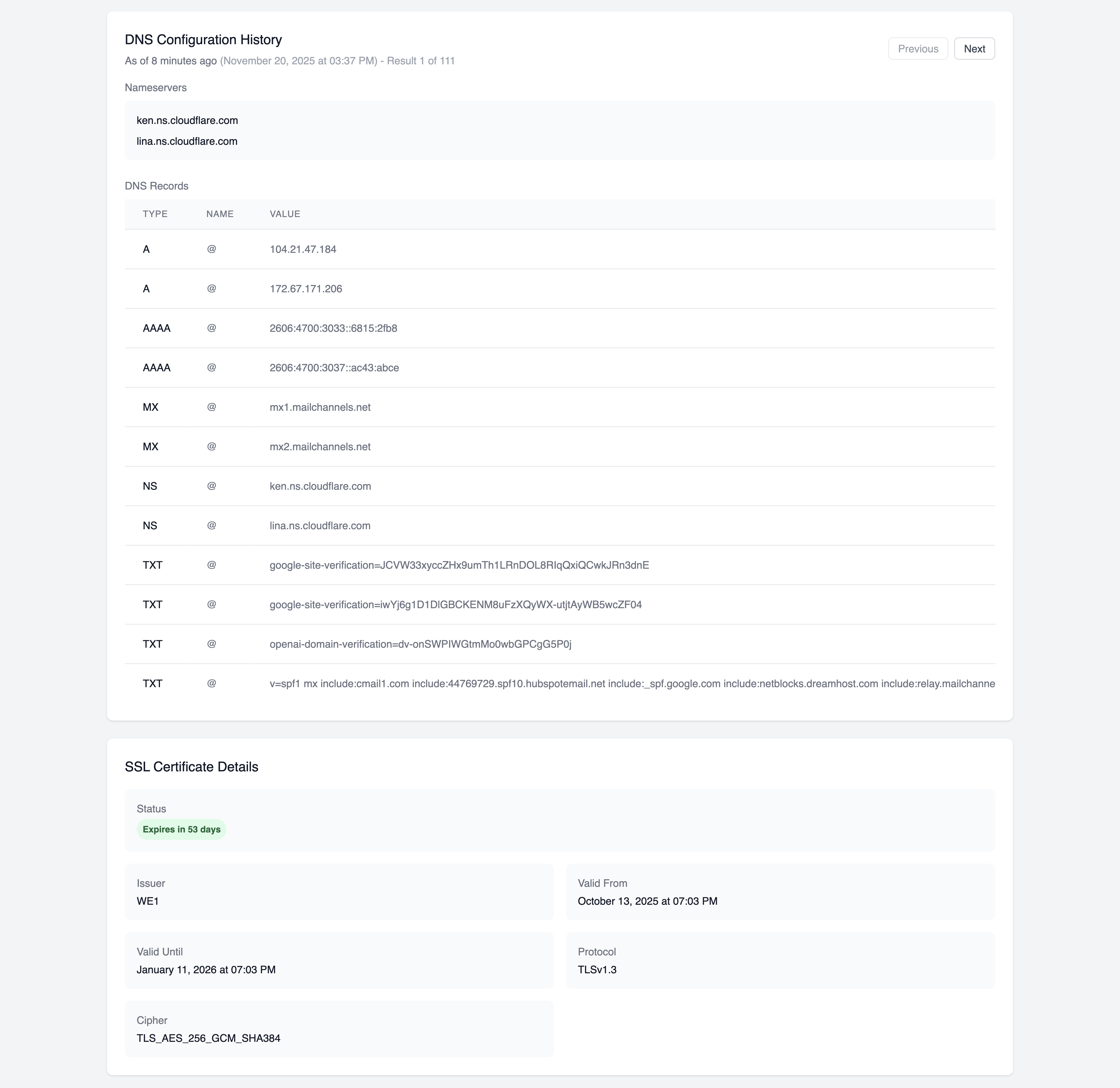 Domain Details with DNS and SSL Information